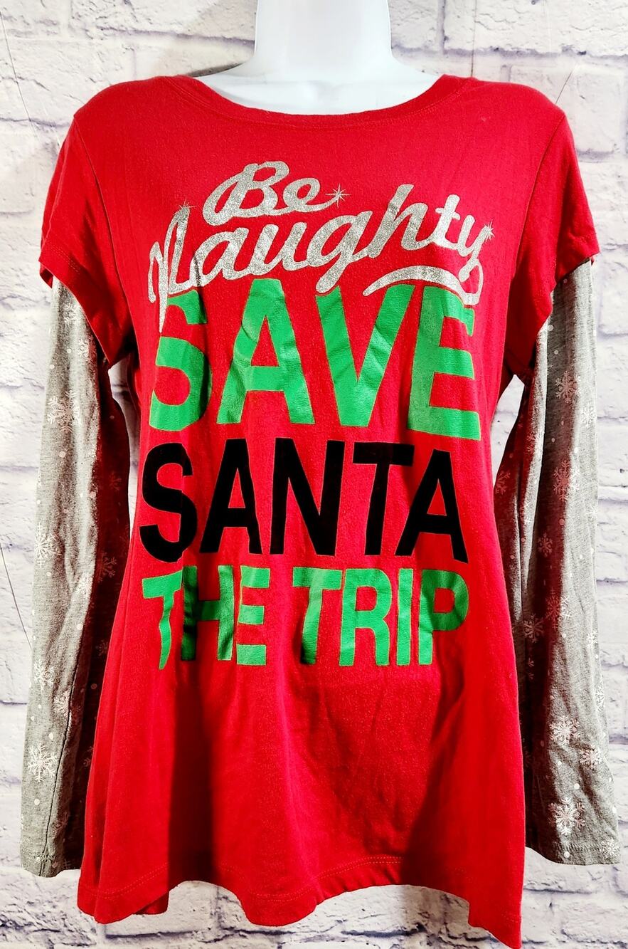 Wound Up Red Gray Be Naughty Save Santa A Trip Top XL 15 17 Layered Soft